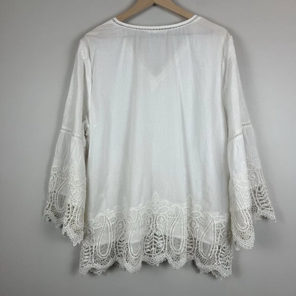 Chicos Embroidered Lace Top Women 3 US XL White Boho Bell Sleeve Coquette Blouse - Picture 2 of 9